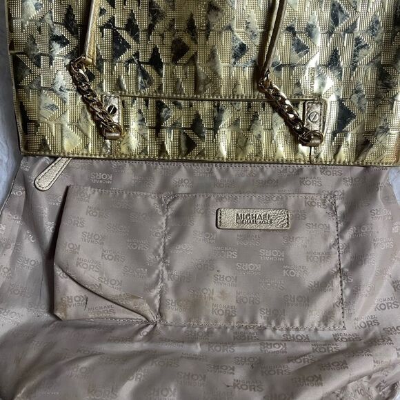 MICHAEL KORS LEATHER MEDIUM TOTE BAG GOLD COLOR MONOGRAM - Picture 13 of 15